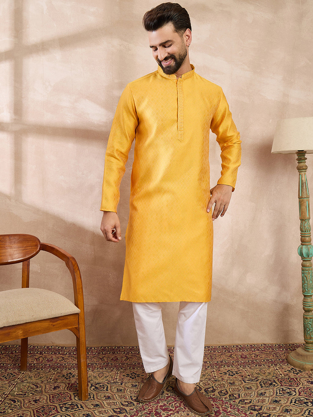Men Yellow Silk Blend Solid Embroidered Straight Kurta-MKU1737