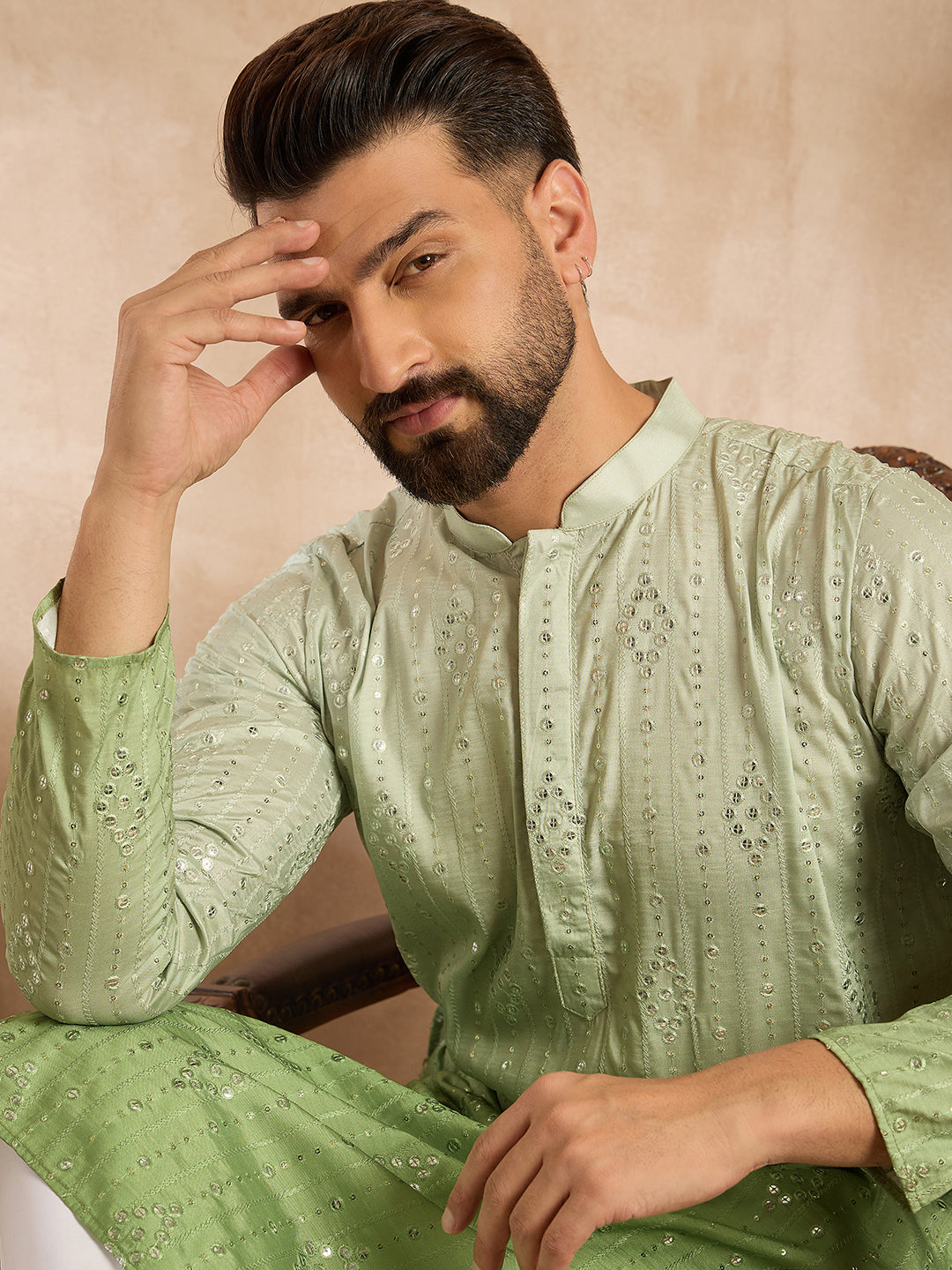 Men Green Silk Blend Ombre Embroidered Straight Kurta-MKU1738