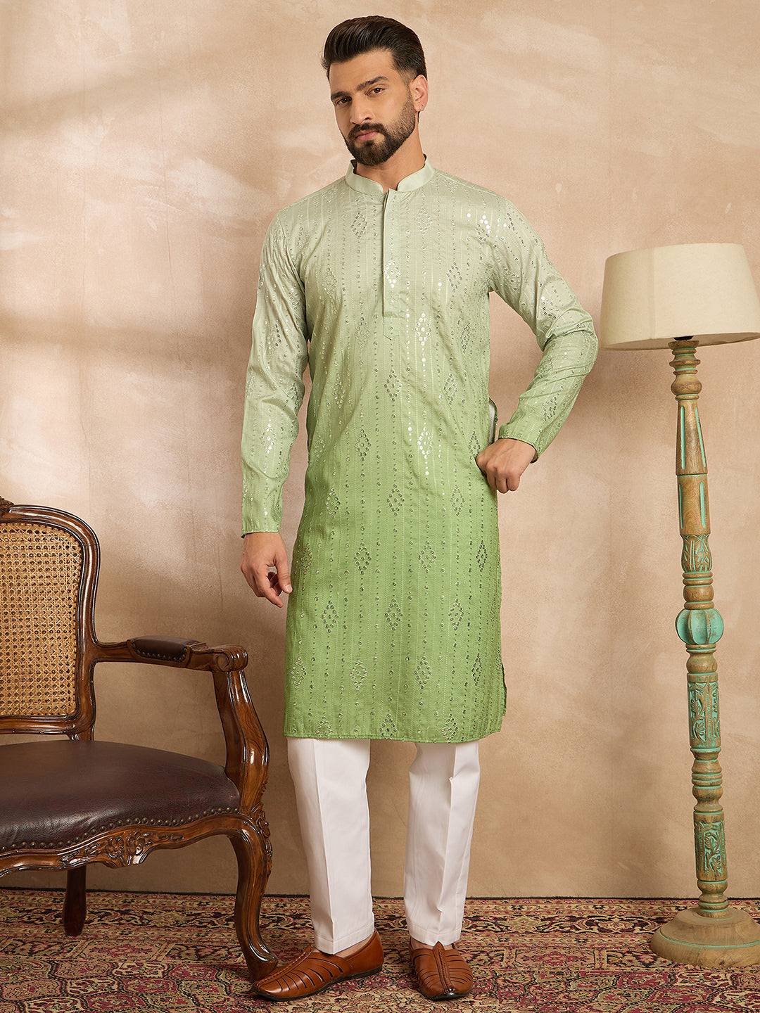 Men Green Silk Blend Ombre Embroidered Straight Kurta-MKU1738