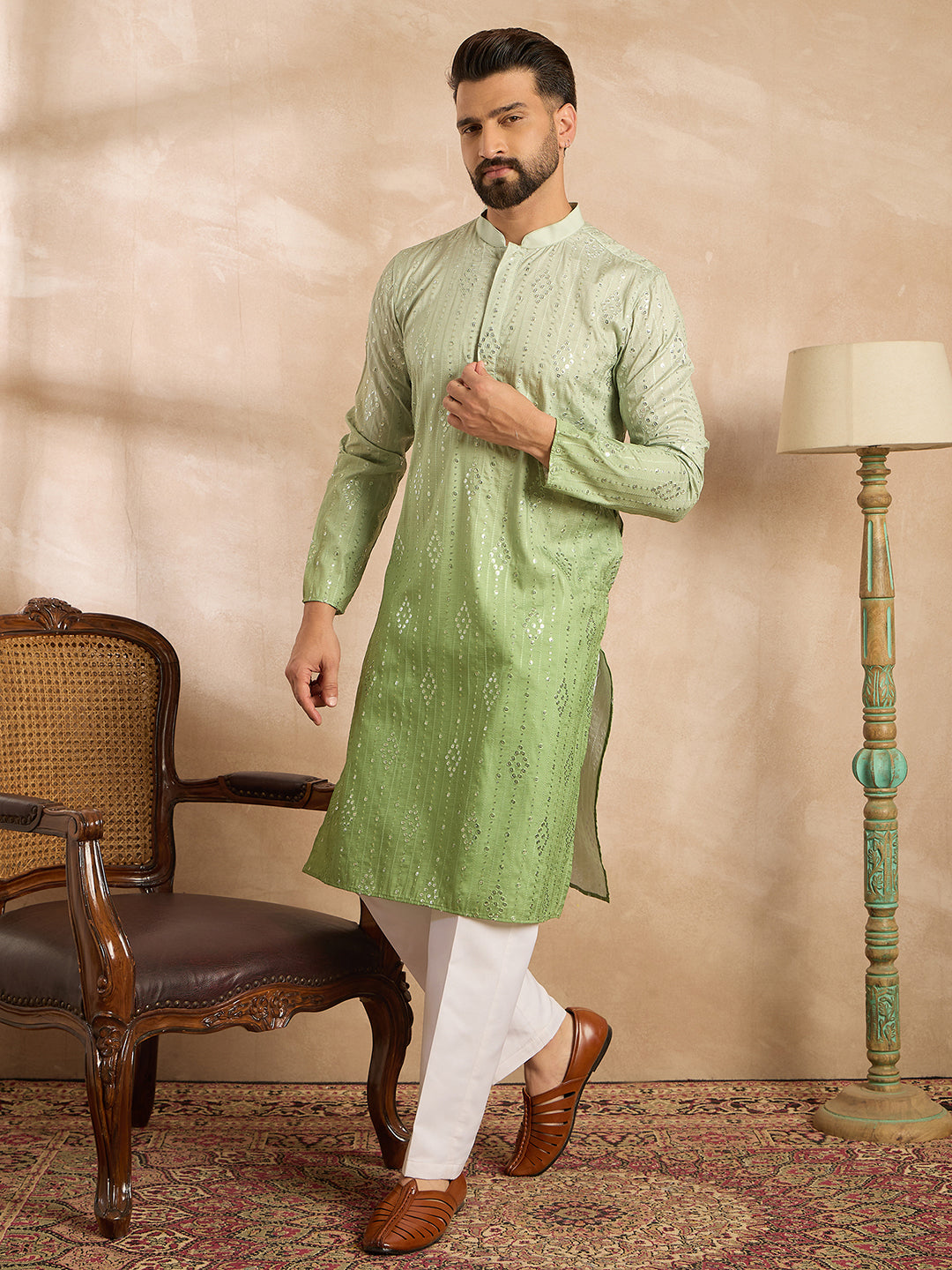 Men Green Silk Blend Ombre Embroidered Straight Kurta-MKU1738