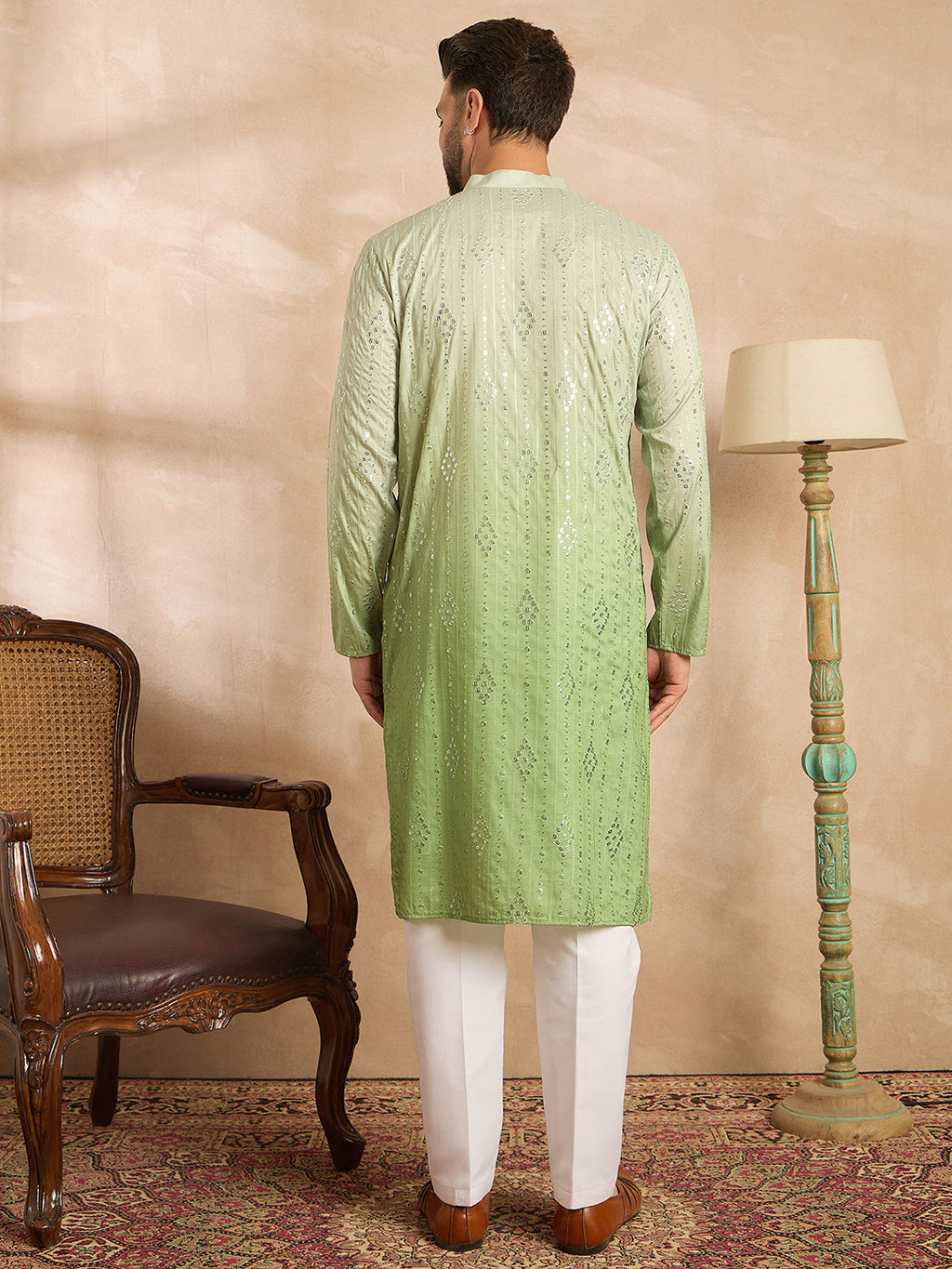 Men Green Silk Blend Ombre Embroidered Straight Kurta-MKU1738