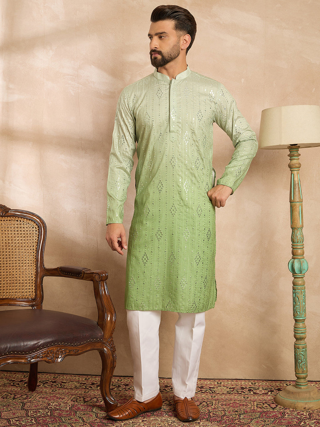 Men Green Silk Blend Ombre Embroidered Straight Kurta-MKU1738