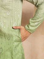 Men Green Silk Blend Ombre Embroidered Straight Kurta-MKU1738