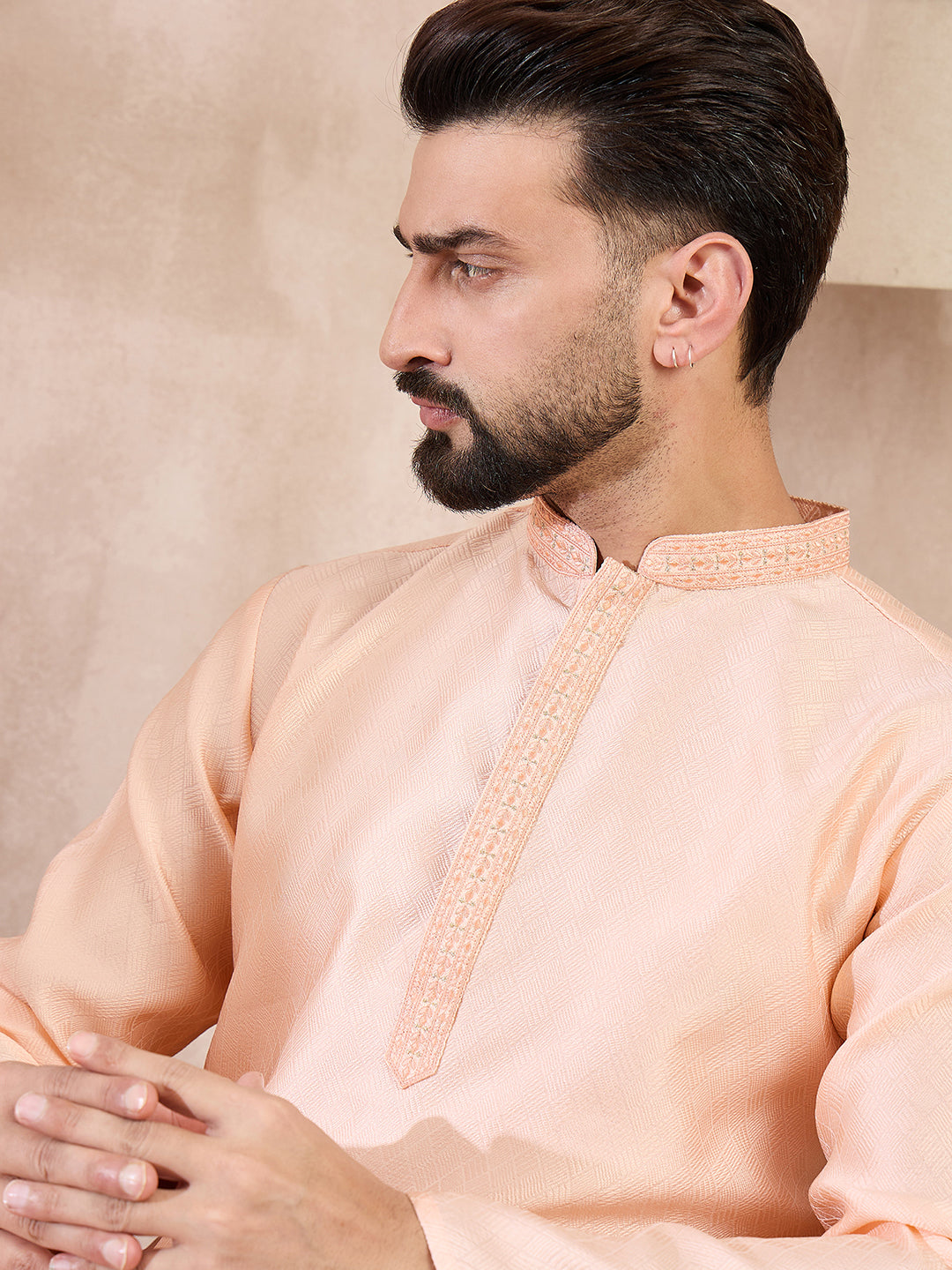 Men Peach Silk Blend Solid Embroidered Straight Kurta-MKU1739