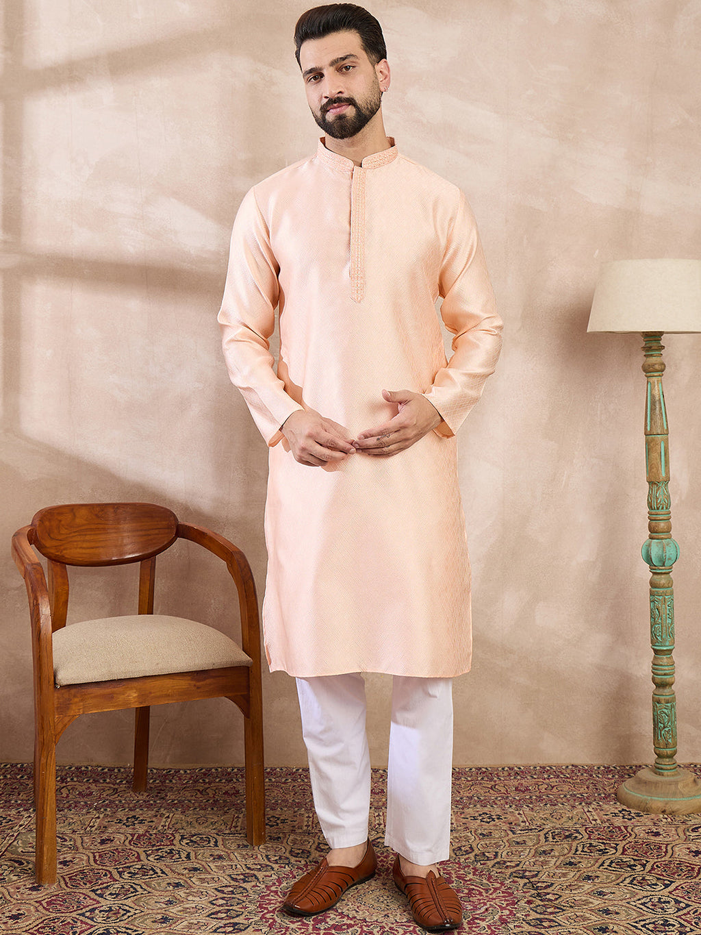 Men Peach Silk Blend Solid Embroidered Straight Kurta-MKU1739