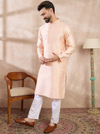 Men Peach Silk Blend Solid Embroidered Straight Kurta-MKU1739
