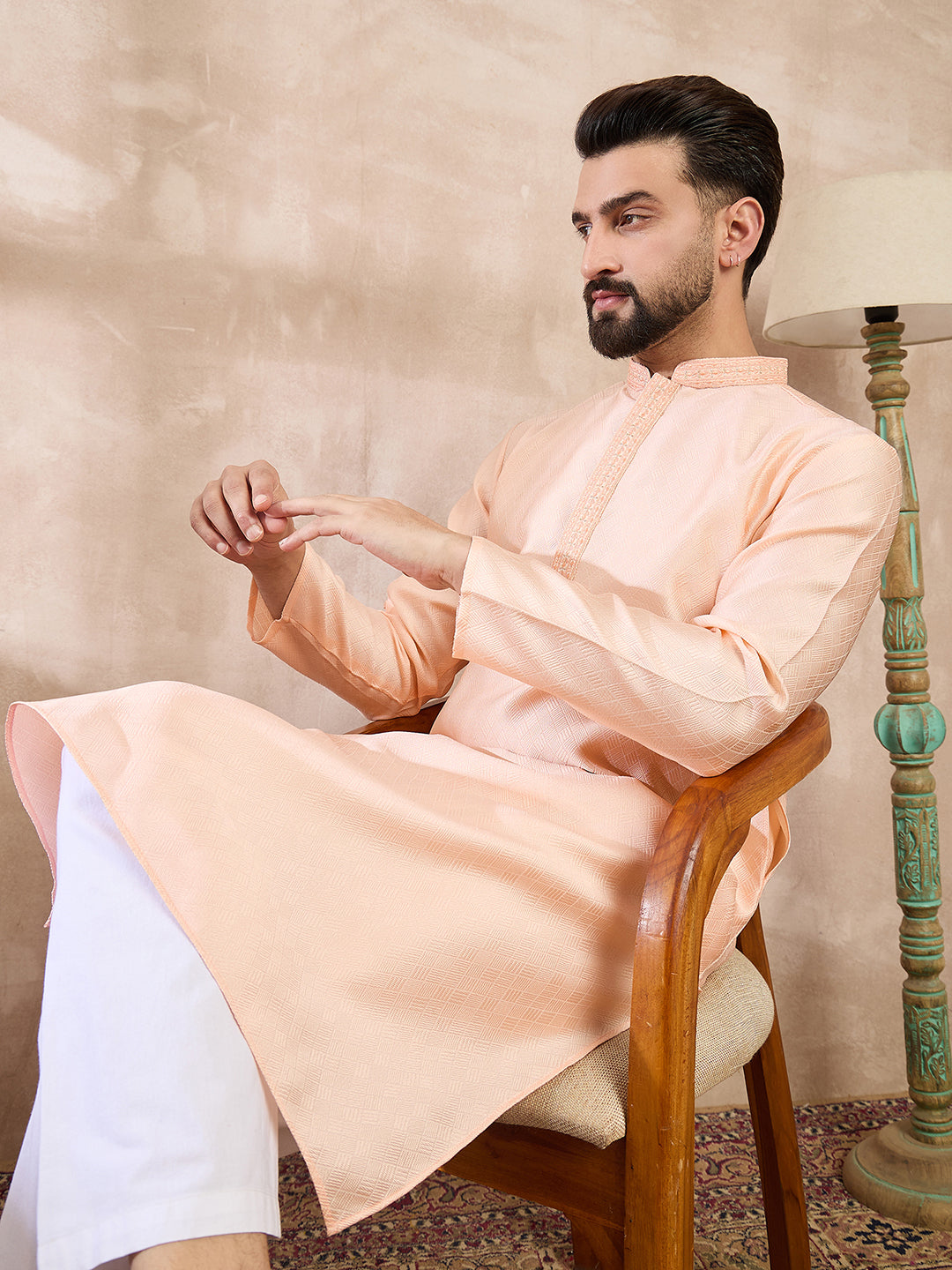 Men Peach Silk Blend Solid Embroidered Straight Kurta-MKU1739