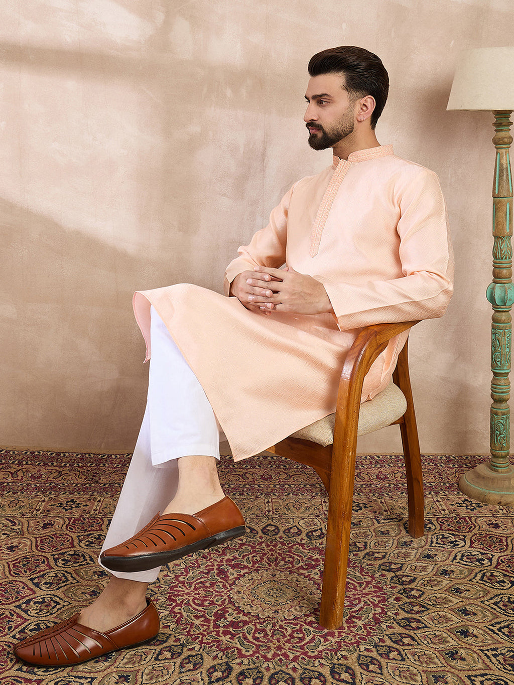 Men Peach Silk Blend Solid Embroidered Straight Kurta-MKU1739