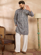 Men Navy Blue Polyester Batik Embroidered Straight Kurta-MKU1741