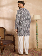 Men Navy Blue Polyester Batik Embroidered Straight Kurta-MKU1741