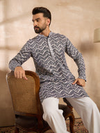 Men Navy Blue Polyester Batik Embroidered Straight Kurta-MKU1741