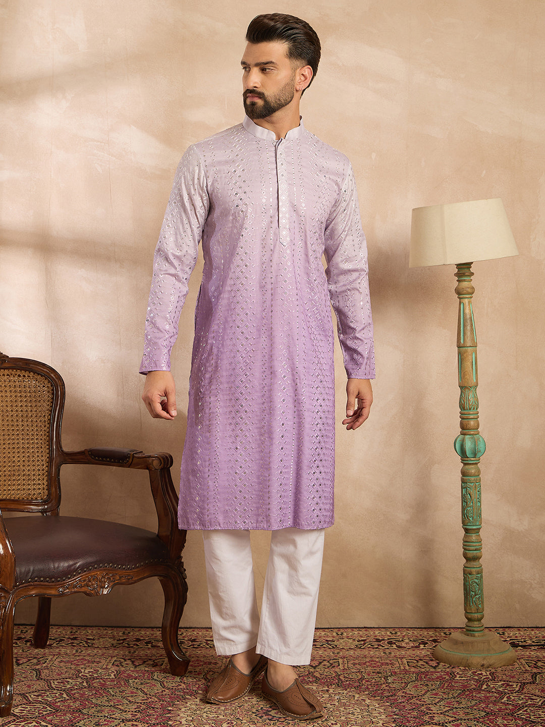 Men Lavender Silk Blend Ombre Embroidered Straight Kurta-MKU1752