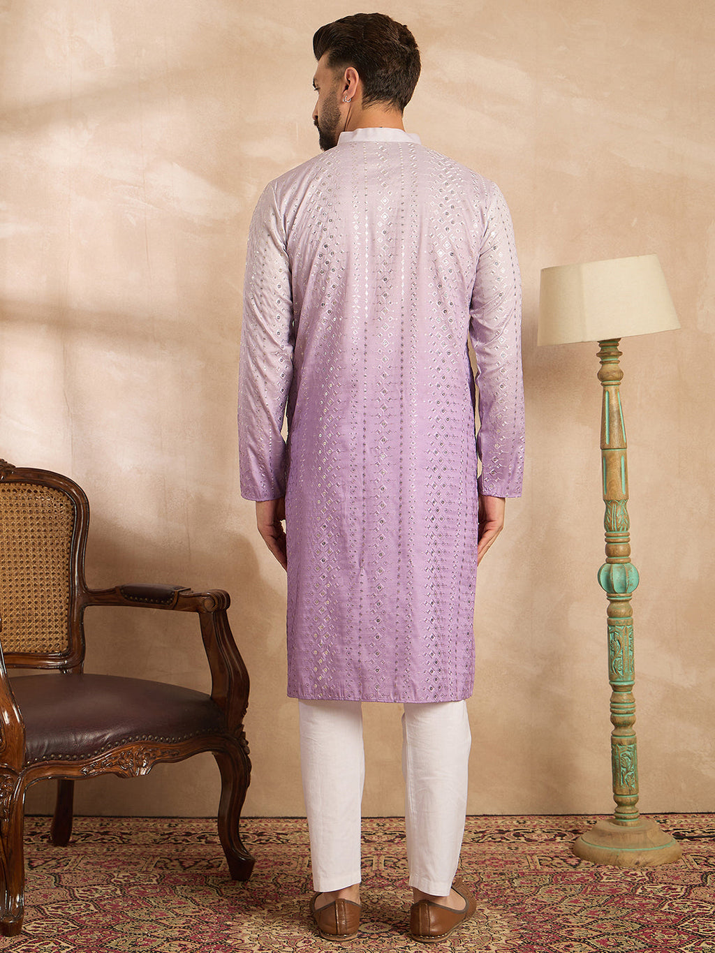 Men Lavender Silk Blend Ombre Embroidered Straight Kurta-MKU1752