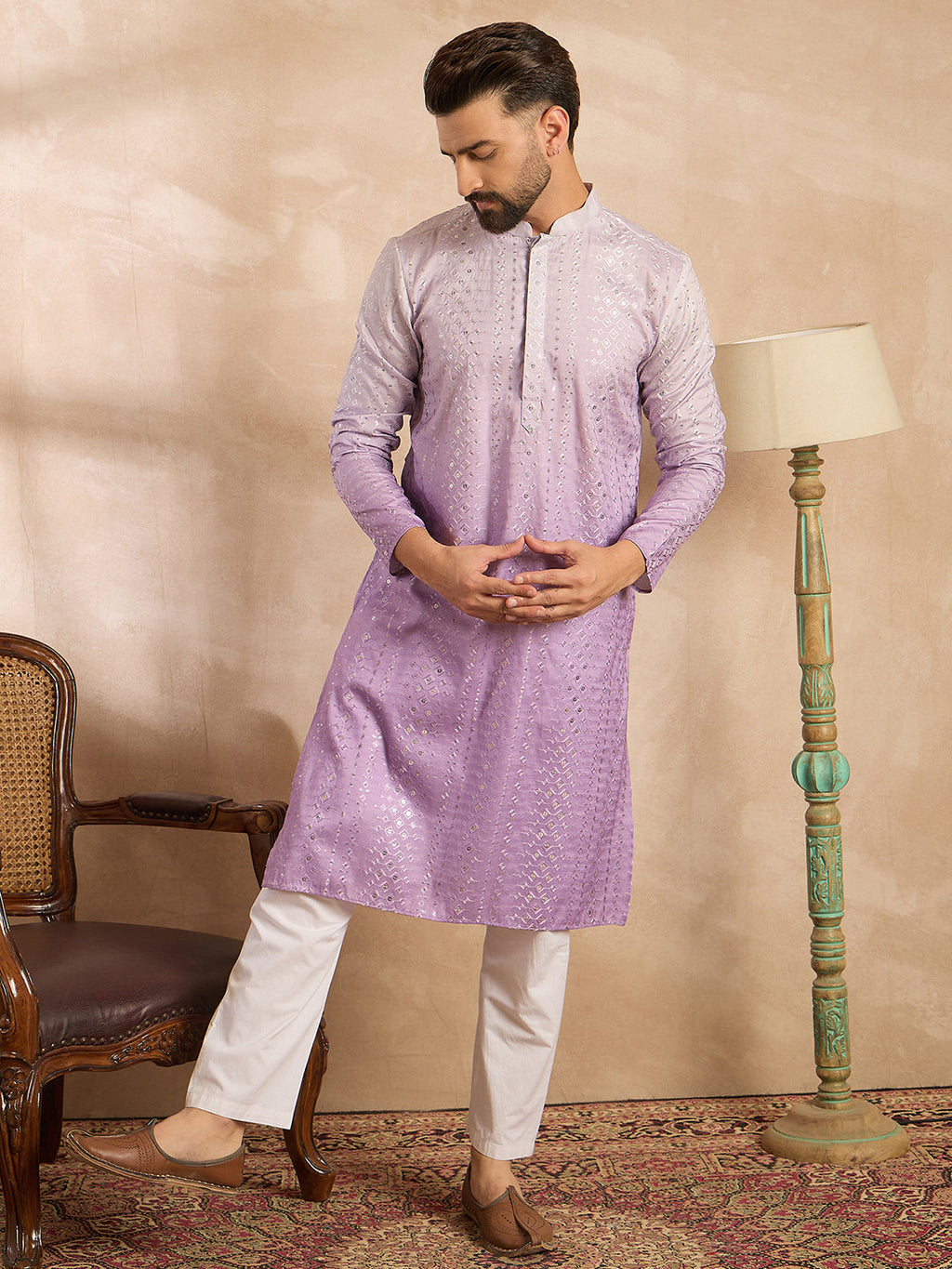Men Lavender Silk Blend Ombre Embroidered Straight Kurta-MKU1752
