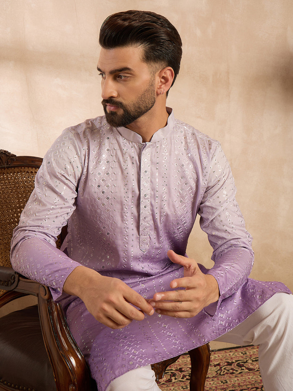 Men Lavender Silk Blend Ombre Embroidered Straight Kurta-MKU1752