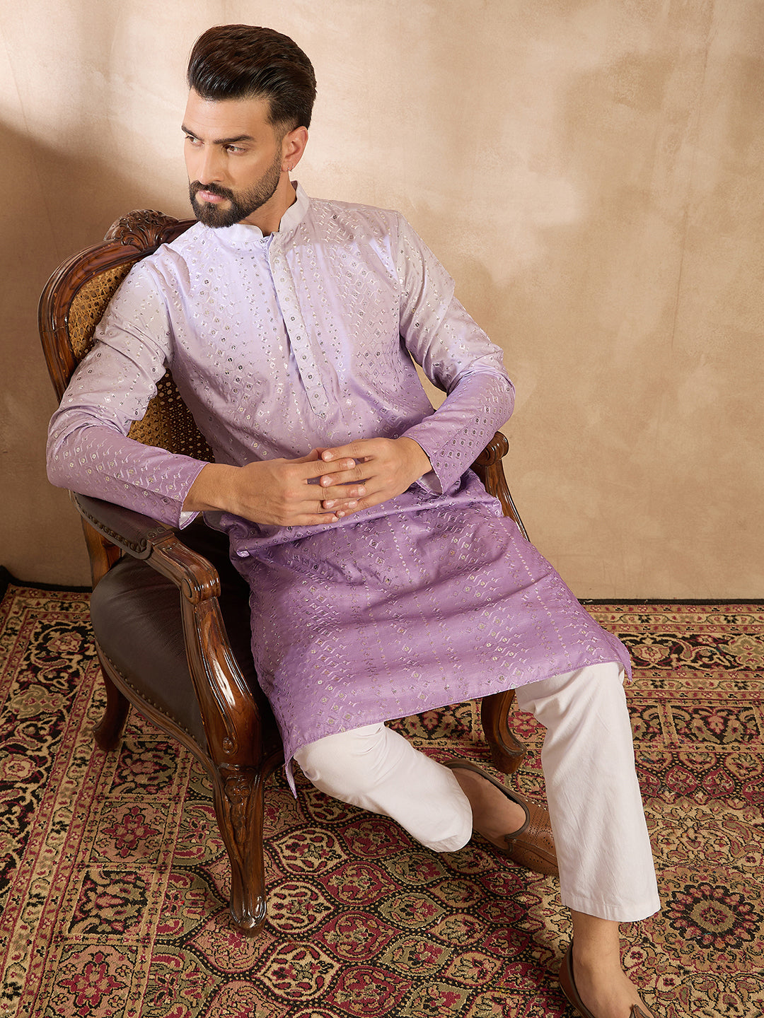 Men Lavender Silk Blend Ombre Embroidered Straight Kurta-MKU1752