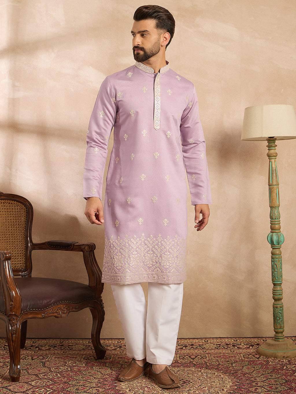 Men Lavender Polyester Solid Embroidered Straight Kurta-MKU1753