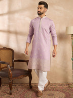 Men Lavender Polyester Solid Embroidered Straight Kurta-MKU1753