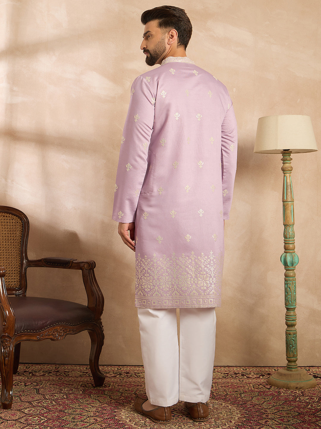 Men Lavender Polyester Solid Embroidered Straight Kurta-MKU1753