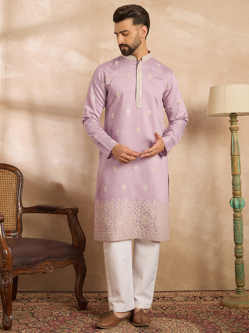 Men Lavender Polyester Solid Embroidered Straight Kurta-MKU1753