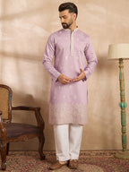 Men Lavender Polyester Solid Embroidered Straight Kurta-MKU1753
