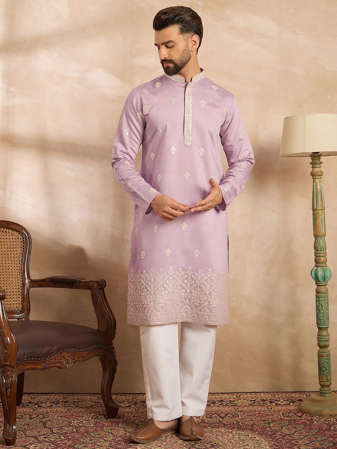 Men Lavender Polyester Solid Embroidered Straight Kurta-MKU1753