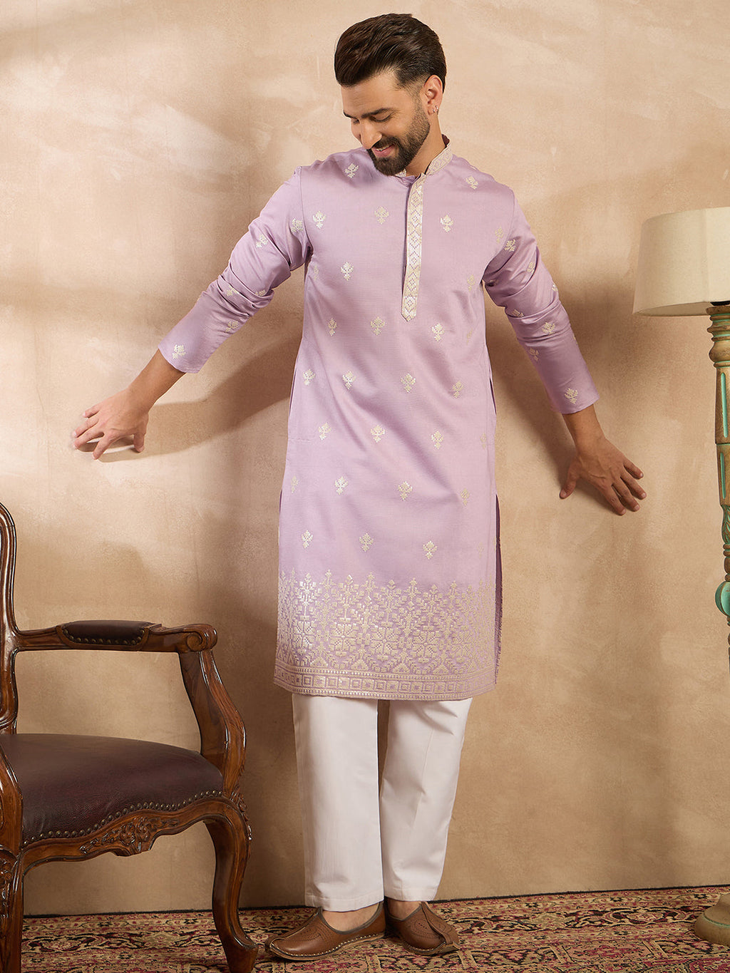 Men Lavender Polyester Solid Embroidered Straight Kurta-MKU1753