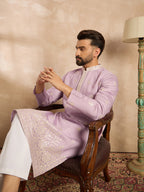 Men Lavender Polyester Solid Embroidered Straight Kurta-MKU1753