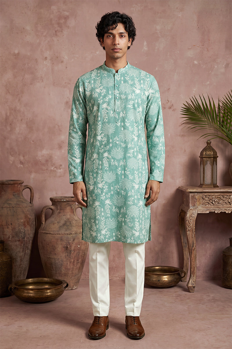 Teal Viscose Rayon Embroidered Calf Length Straight Regular Kurta With Trouser MKSET1765