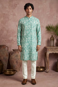 Teal Viscose Rayon Embroidered Calf Length Straight Regular Kurta With Trouser MKSET1765