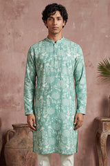Teal Viscose Rayon Embroidered Calf Length Straight Regular Kurta With Trouser MKSET1765
