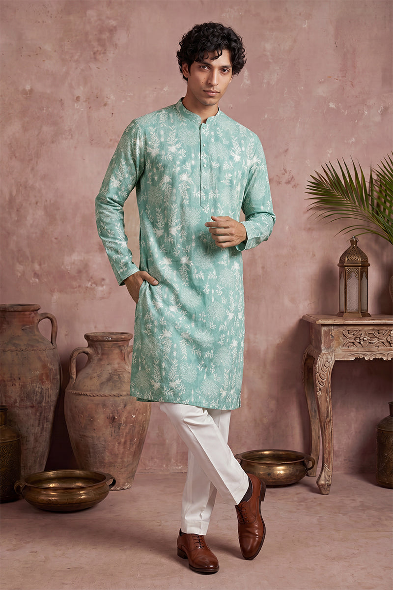 Teal Viscose Rayon Embroidered Calf Length Straight Regular Kurta With Trouser MKSET1765