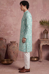 Teal Viscose Rayon Embroidered Calf Length Straight Regular Kurta MKU1765