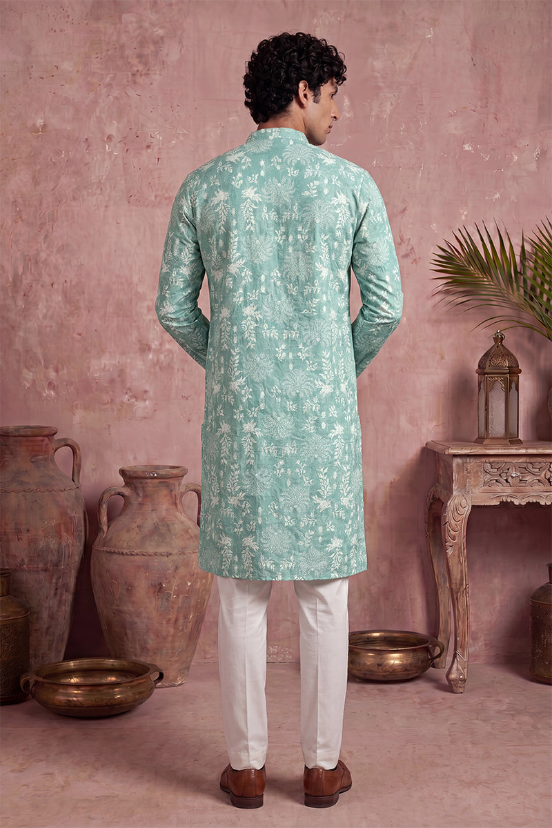 Teal Viscose Rayon Embroidered Calf Length Straight Regular Kurta With Trouser MKSET1765