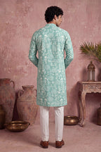Teal Viscose Rayon Embroidered Calf Length Straight Regular Kurta With Trouser MKSET1765