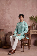Teal Viscose Rayon Embroidered Calf Length Straight Regular Kurta With Trouser MKSET1765