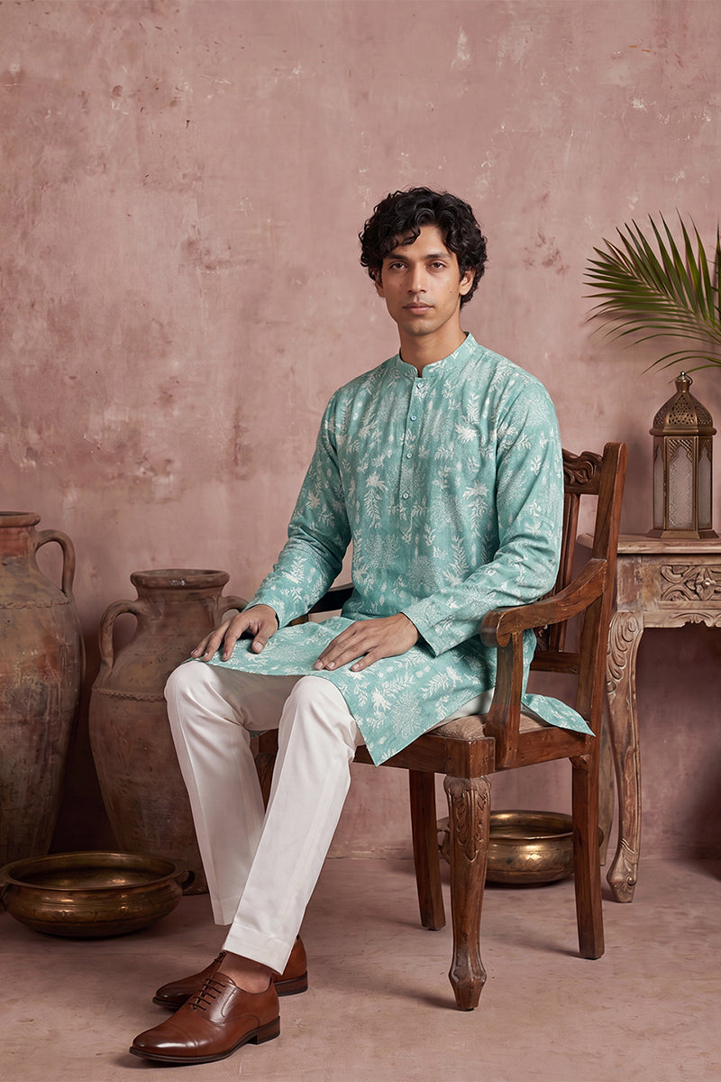 Teal Viscose Rayon Embroidered Calf Length Straight Regular Kurta MKU1765