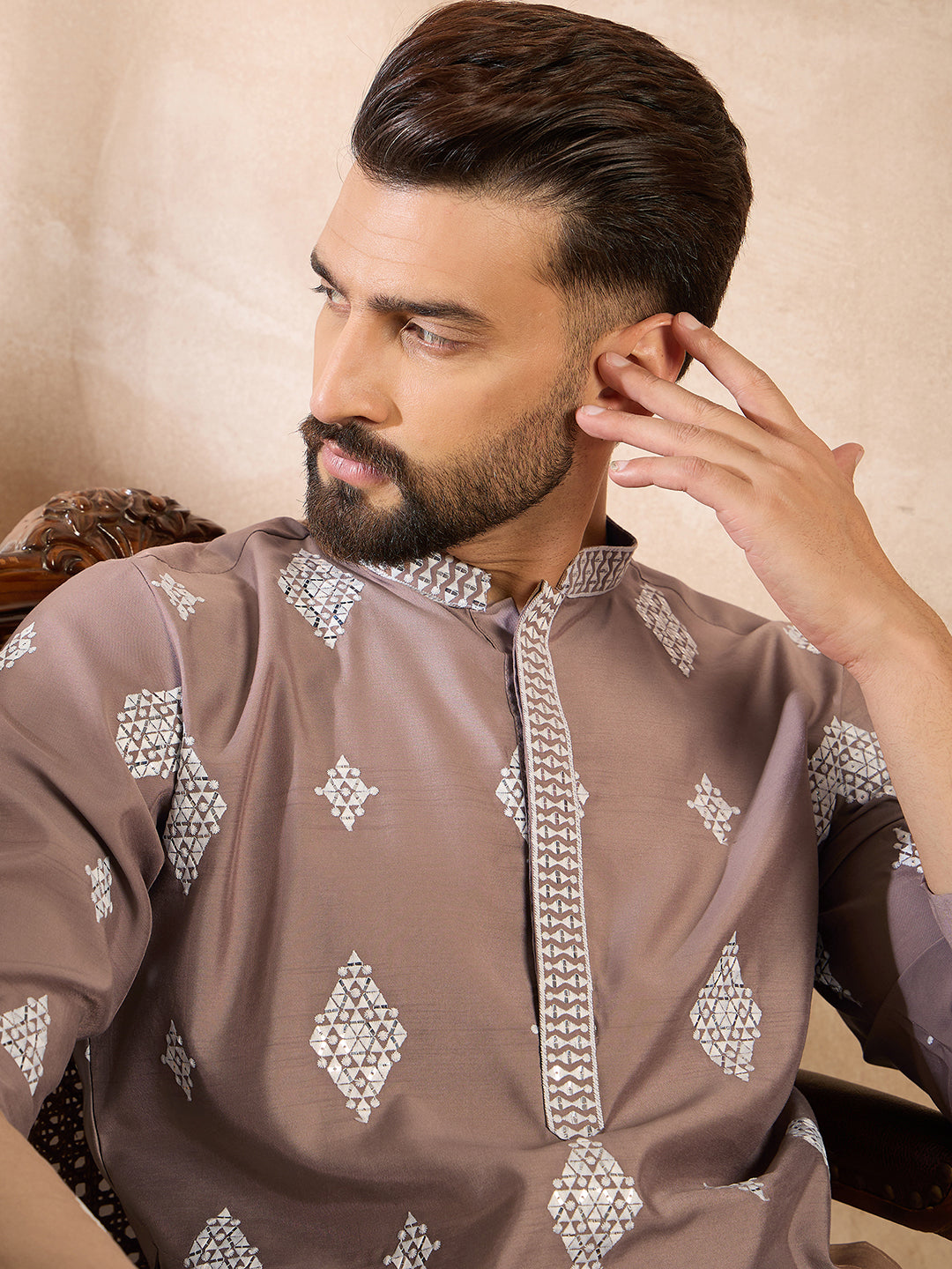 Men Beige Silk Blend Solid Embroidered Straight Kurta-MKU1776