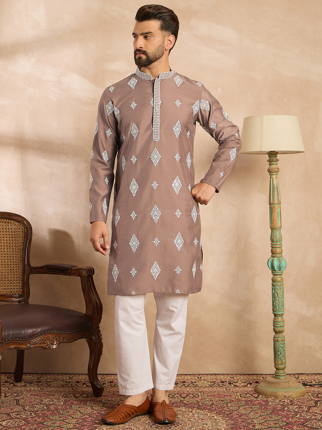 Men Beige Silk Blend Solid Embroidered Straight Kurta-MKU1776