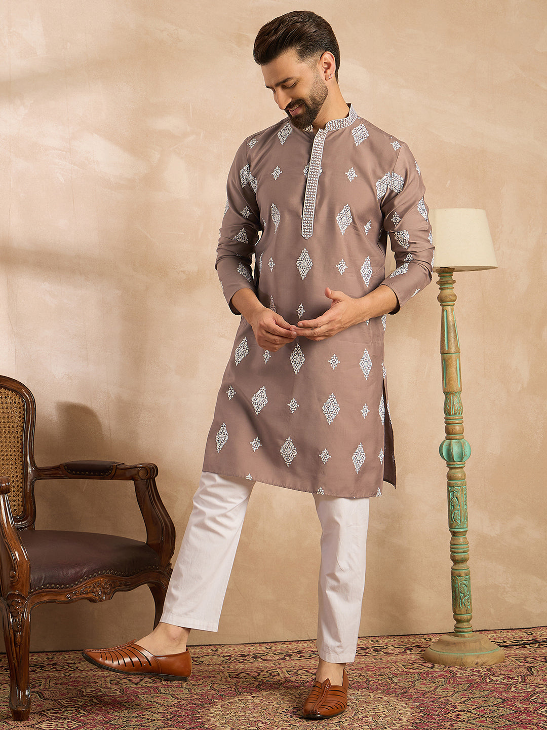 Men Beige Silk Blend Solid Embroidered Straight Kurta-MKU1776
