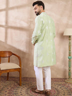 Men Green Silk Blend Solid Embroidered Straight Kurta-MKU1777