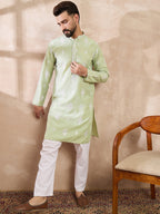 Men Green Silk Blend Solid Embroidered Straight Kurta-MKU1777