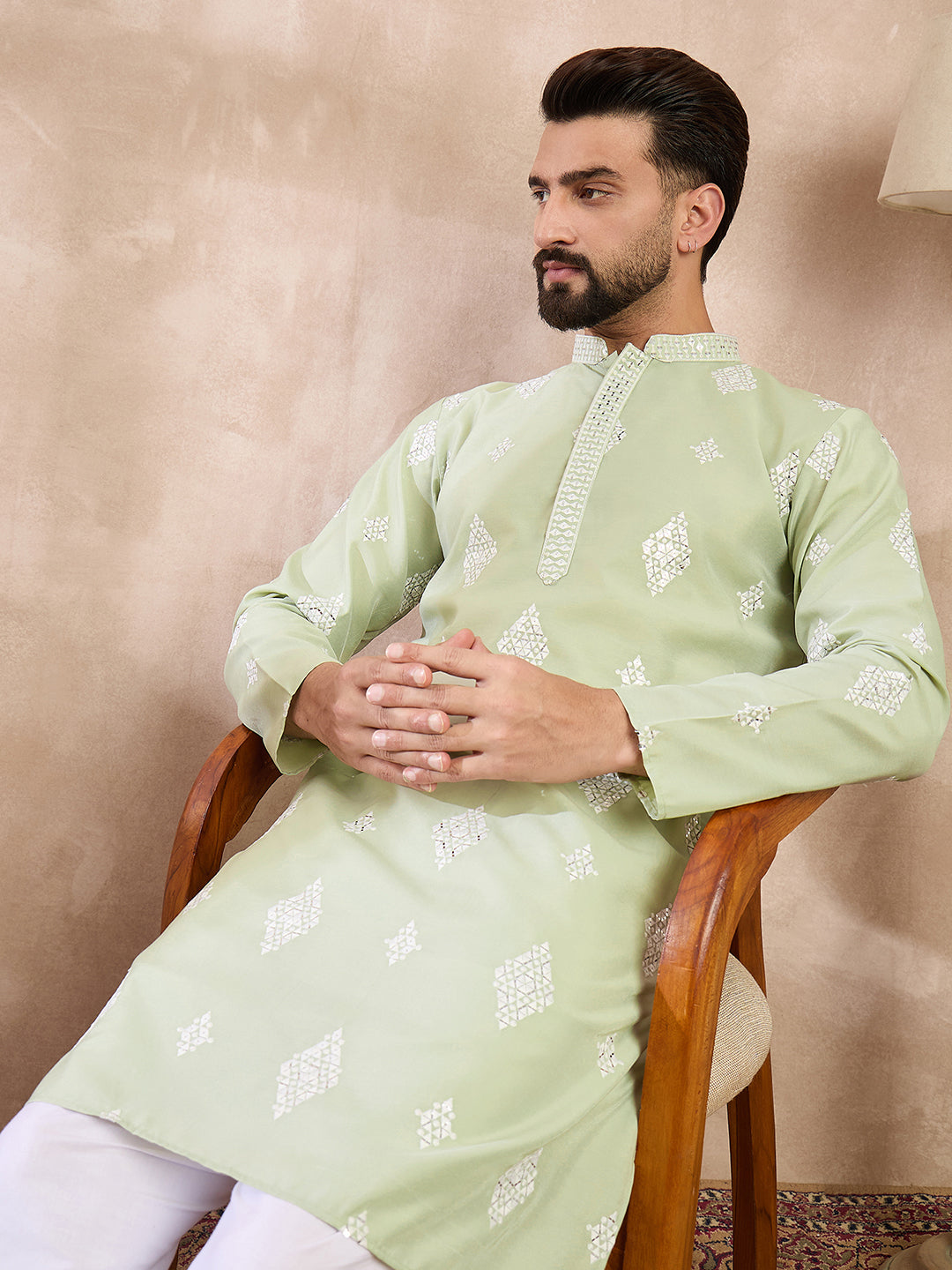 Men Green Silk Blend Solid Embroidered Straight Kurta-MKU1777