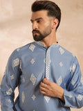 Men Blue Silk Blend Solid Embroidered Straight Kurta-MKU1778