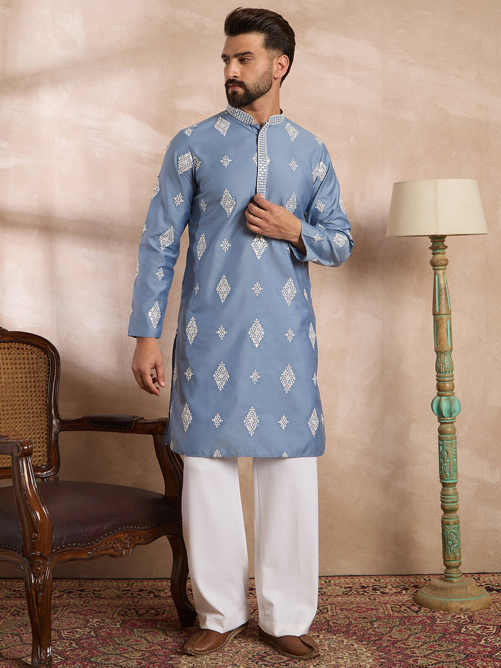 Men Blue Silk Blend Solid Embroidered Straight Kurta-MKU1778