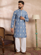 Men Blue Silk Blend Solid Embroidered Straight Kurta-MKU1778