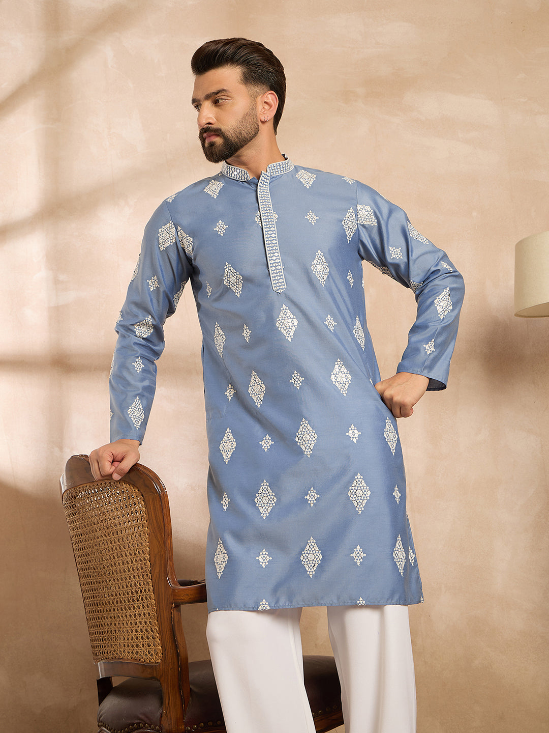 Men Blue Silk Blend Solid Embroidered Straight Kurta-MKU1778