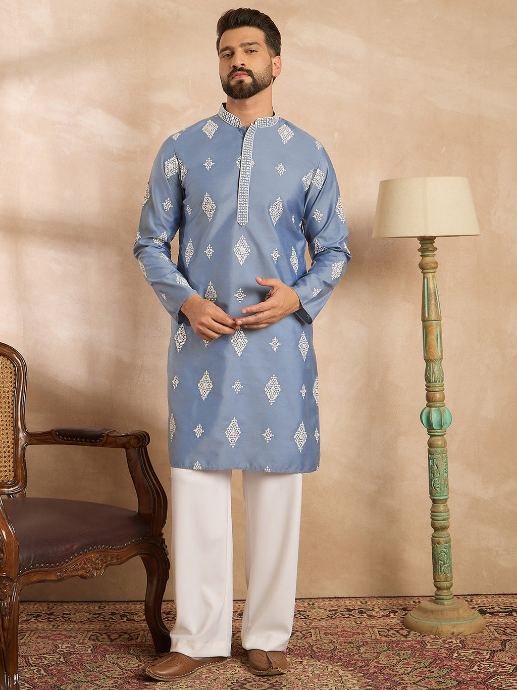 Men Blue Silk Blend Solid Embroidered Straight Kurta-MKU1778