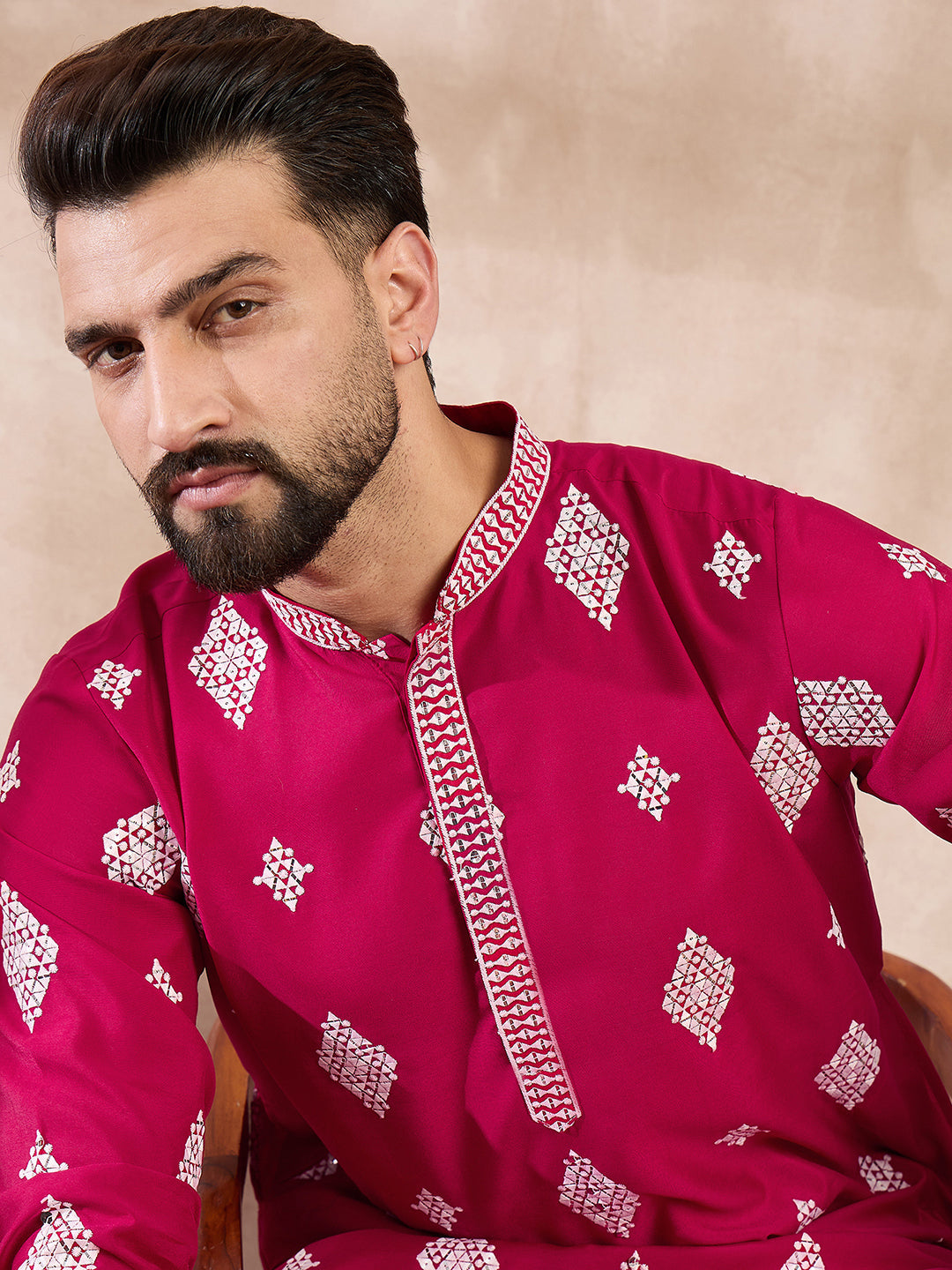 Men Maroon Silk Blend Solid Embroidered Straight Kurta-MKU1779