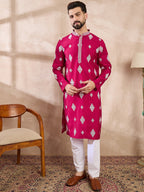 Men Maroon Silk Blend Solid Embroidered Straight Kurta-MKU1779